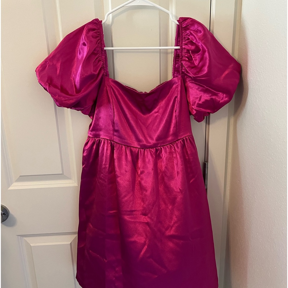 hot pink satin puff sleeve dress